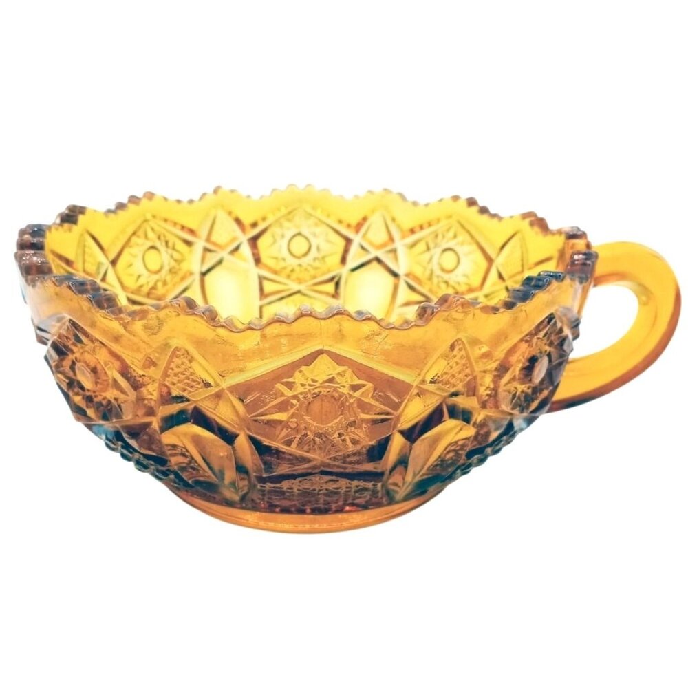 Smith Glass Nappy Bowl 317 Amber Starburst Design Sawtooth Edge Press Cut 1940s